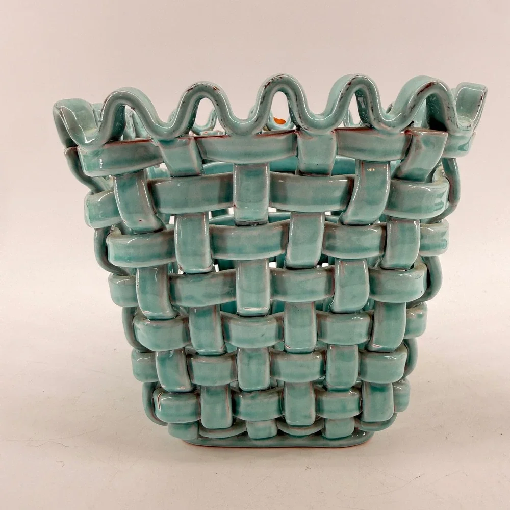 Ceramic Woven Basket Turquoise Rose Floral Lattice Decorative Bowl 7